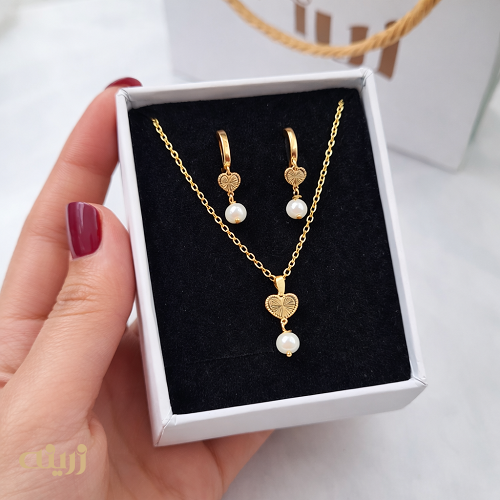 نیم ست طلا قلب تراش با مروارید 