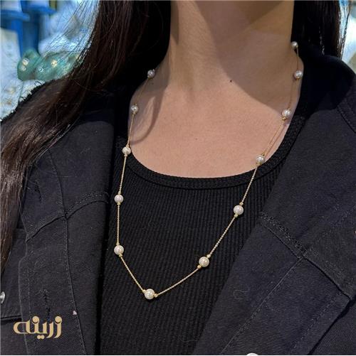 گردنبند طلا رو لباسی مروارید با گوی تراش