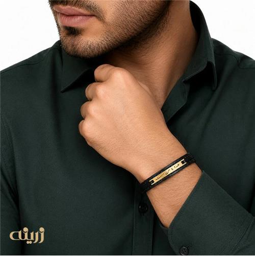 دستبند طلا با چرم طرح خدا با من است