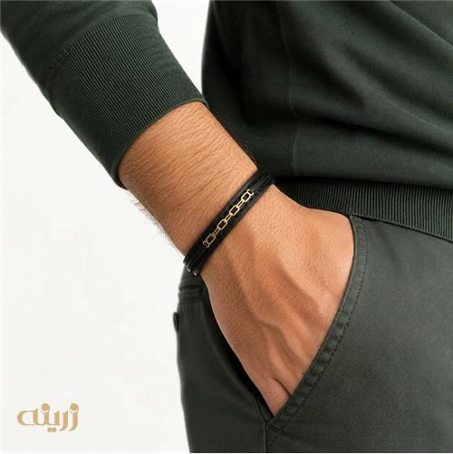 دستبند طلا با چرم طرح زنجیربافت  کادوئی کد B0106