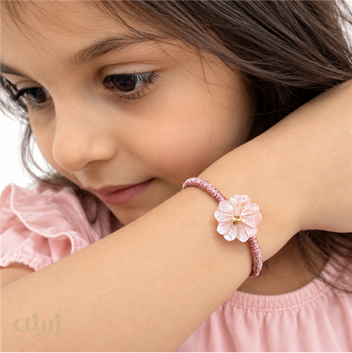 دستبند طلا گوی تراش با گل صدف و بند بافت کد BBB0013