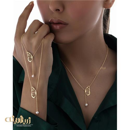 گردنبند طلا کرواتی تک بال پروانه با مروارید