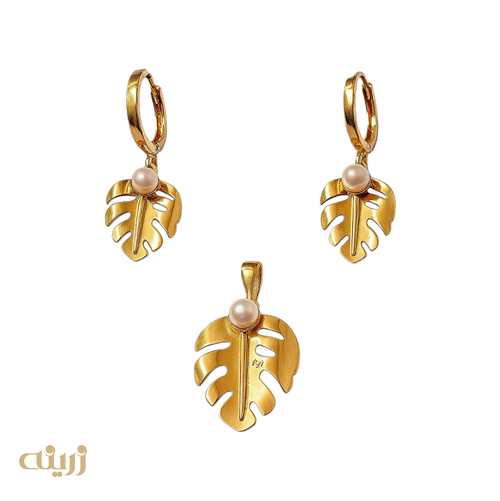 نیم ست طلا برگ انجیری با مروارید شل (مصنوعی ) 