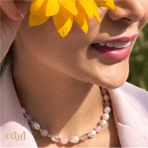 گردنبند طلا گوی تراش با مروارید و سنگ رزکوارتز کد N0876