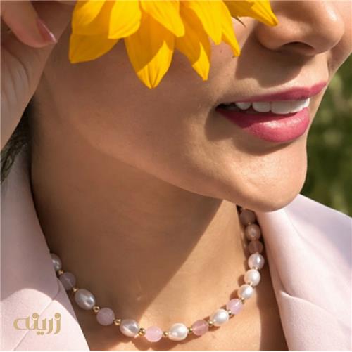 گردنبند طلا گوی تراش با مروارید و سنگ رزکوارتز کد N0876