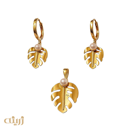 نیم ست طلا برگ انجیری با مروارید شل (مصنوعی ) 